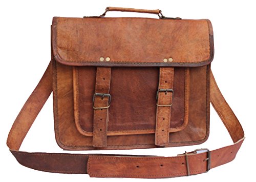Leather Bags Now 14 Inches Classic Adult Unisex Cross Shoulder 100% Genuine Leather Messenger Laptop Briefcase Bag Satchel Brown