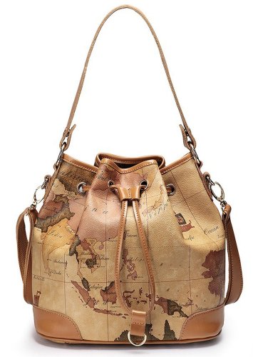 Nucelle Leather Drape Map Print Shoulder Handbag Bucket Bag Satchel Beige