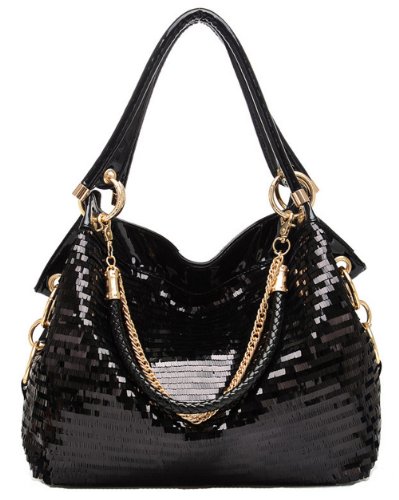 Mis Adelita Black Glitz Sequin-embellished PU Leather Handbag Purse Evening Satchel Bag