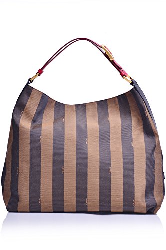 Fendi Pequin Stripe Hobo Bag Tobacco and Red Leather 8BR653