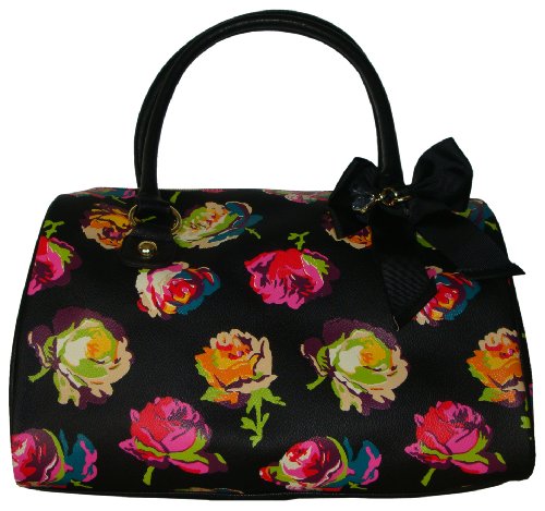 Betsey Johnson Women’s Fringy Floral Large Satchel Handbag,Black Floral