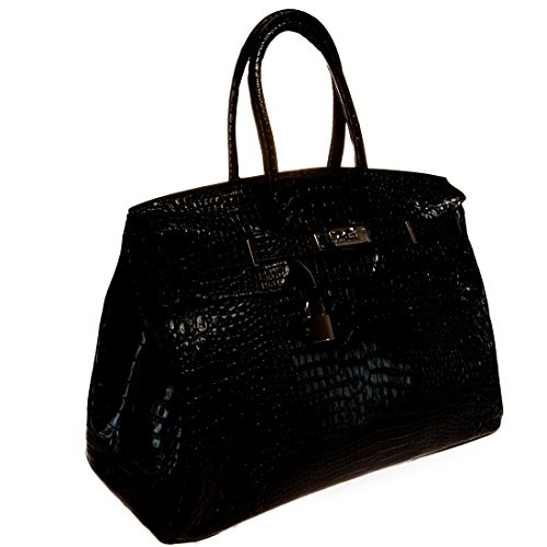 HS 5009-1 NR DAVINA COCCO Made in Italy Crocco Embossed Black Structured Satchel