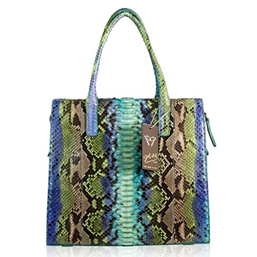 Ghibli Italian Designer Turquoise Blue Python Leather Tall Tote Structured Bag