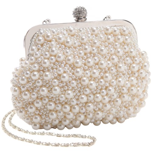 MG Collection Handmade White Pearl Bead Rhinestone Clasp Mini Clutch Evening Bag MG Collection Handmade White Pearl Bead Rhinestone Clasp Mini Clutch Evening Bag