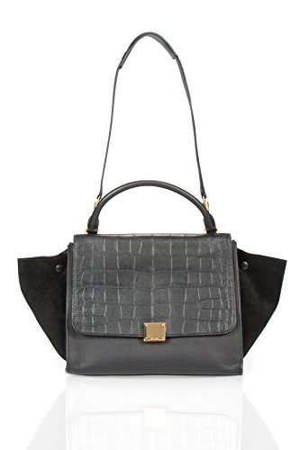 Celine Trapeze Croc medium size Stamped Black Leather Handbag