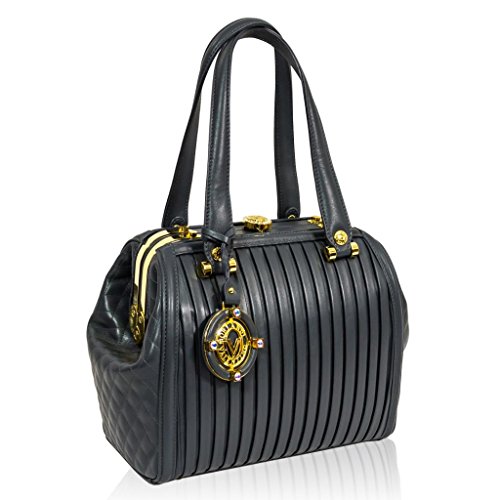 Valentino Orlandi Italain Designer Grey Plisse Textured Leather Jeweled Doctor Bag