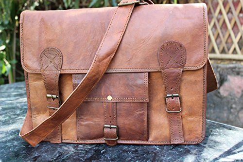 handolederco. 15” Inches Classic Adult Unisex Cross Shoulder 100% Genuine Leather Messenger Laptop Briefcase Bag Satchel Brown