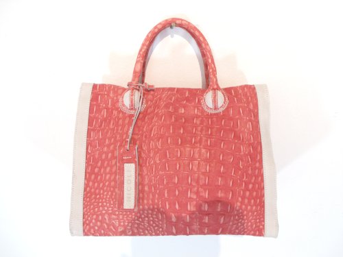 NICOLI Coral Red Beige Designer Italian Leather Handbag Purse Tote Bag