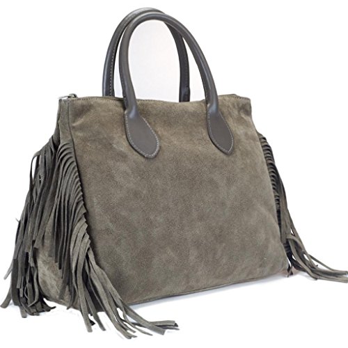 HS 5294 TP FARA Made in Italy Taupe Fringed Satchel/Shoulder Bag