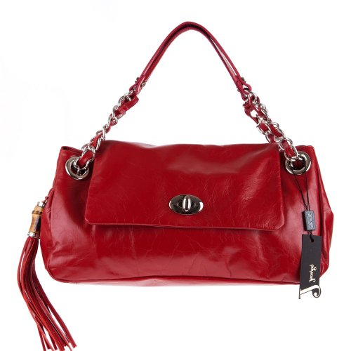 JENRIGO Italian Made Red Leather Designer Flap Bag with Tassel
