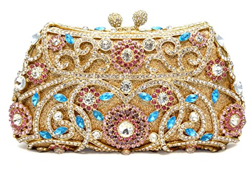 Multi Crystal Luxury Gold Tone Hard Case Evening Clutch Handbag with Detachable Chain