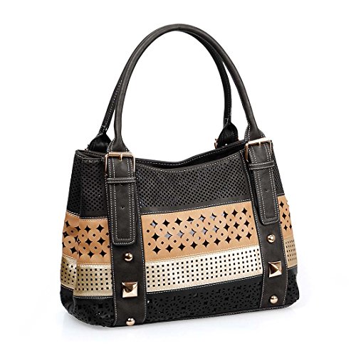 BMC Womens PU Faux Leather Striped Perforated Cutout Pattern Fashion Handbag