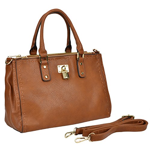 MG Collection MAILI Brown Top Handle Stitched Satchel Tote w/ Side Snap Buttons