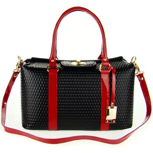 GIORDANO Italian Made Black & Red Leather Large Designer Structured Tote Handbag