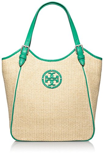 Tory Burch Small Slouchy Straw Tote in Natural and Emerald Green with Gold Tone Hardware