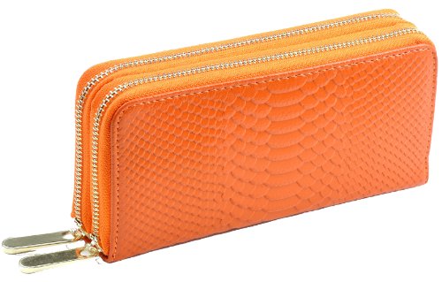 Heshe Women’s Genuine Leather Purse Organizer Wallet Card Coin Case Double Zippered Around Clutch