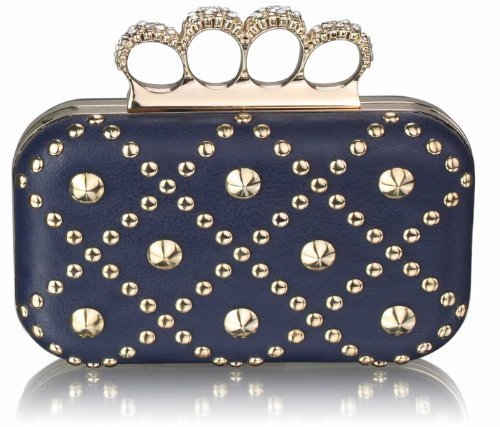 Ladies Navy Blue Padded Clutch Bag Gold Studs Diamantes Knuckles Skull Rings Evening Bag KCMODE