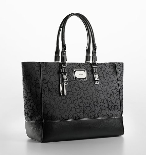 Calvin Klein Logo Jacquard Fabric Shopper Tote Signature Bag Black