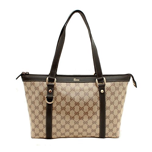 Gucci 268640 Crystal Abbey Tote Beige Brown Logo Zipper Tote Bag Handbag