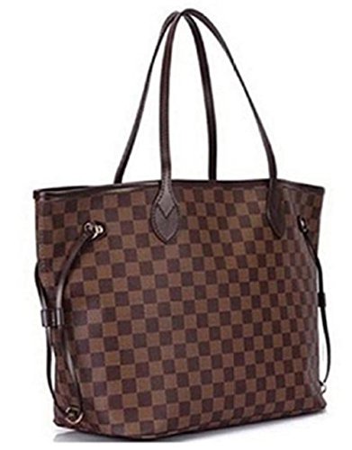 Bushels Handbags Pu Leather Inspired Brown Grid Neverfull Designer Women’s Tote Shoulder Bag