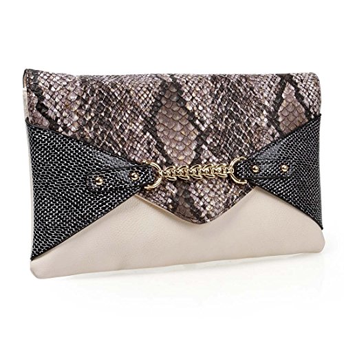 BMC Chic Multicolor Snakeskin Print Chain Accent Envelope Style Statement Clutch