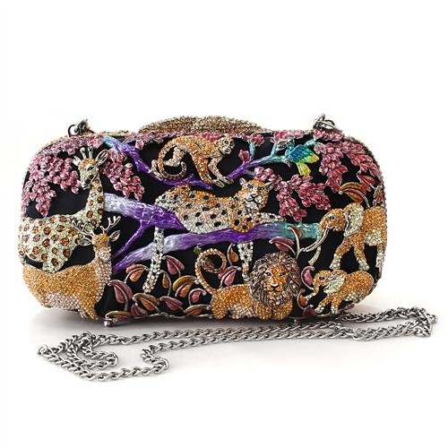 Elaborate Animal Gold Plated Multi Color Crystal Clutch Purse with Chain