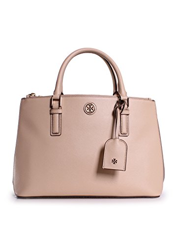 Tory Burch Robinson Color-Block Mini Double-Zip Tote in Toasted Wheat/French Gray