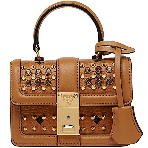 2014 New Authentic MCM Mini Satchel Bag Gold Visetos Cognac Brown Shoulder Bag Color Cognac MWE4SVI76CO