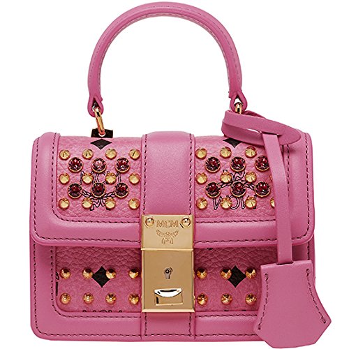 2014 New Authentic MCM Mini Satchel Bag Gold Visetos Pink Color Shoulder Bag MWE4SVI76PK