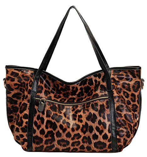 Heshe 100% Genuine Leather Casual Vintage Leopard Print Sexy Cool Shoudler Bag Purse Tote Top Handle Shoulder Hobo Cross Body Bag Satchel Purse Handbag for Lady