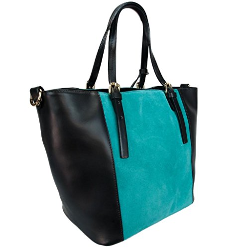 H&S Collection HS 5211 NT LALA Made in Italy Black/Turquoise Leather Structured Tote/Shoulder Bag