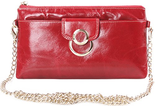 Heshe Soft Luxury Women’s Wax Paper Genuine Leather Long Wallet Purse Clutch Cross Body Handbag Shoulder Bag with Chain