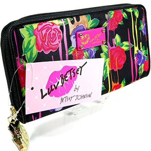 Betsey Johnson Luv Logo Zip Around Wallet Purse Hand Bag Roses Multicolor