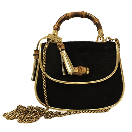 Gucci “Bamboo Night” Black Suede Evening Bag with Woven Leather Bow, Bamboo Detail and Tassels 269969 CEM9T 1055