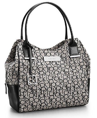 Calvin Klein Logo Jacquard Center Zip Hobo Handbag Satchel Purse Tote (Granite)