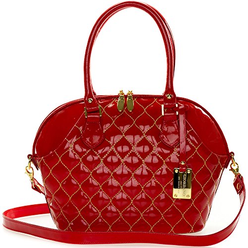 Giordano Italian Made Tote Handbag in Red Patent Quilted Leather with Gold Stitching