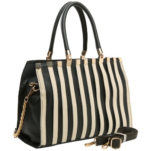 FADIA Chic Black and Beige Striped Studded Top Double Handle Office Tote Satchel Handbag Wrapped Chain Shoulder Bag