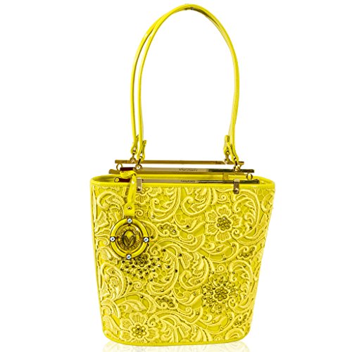 Valentino Orlandi Italian Designer Yellow Embroidered Leather Gilded Purse Bucket Bag