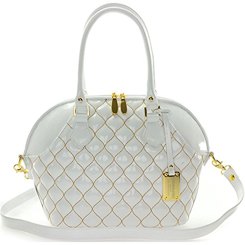 Giordano Italian Made Tote Handbag in White Patent Quilted Leather with Gold Stitching