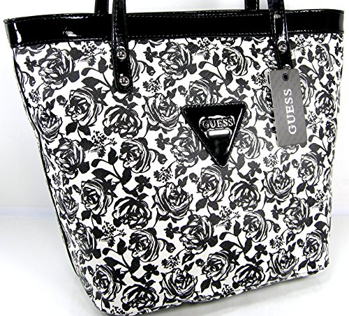 New Guess Logo Purse Tote Shoulder Hand Bag Black White Floral Roses Zoom