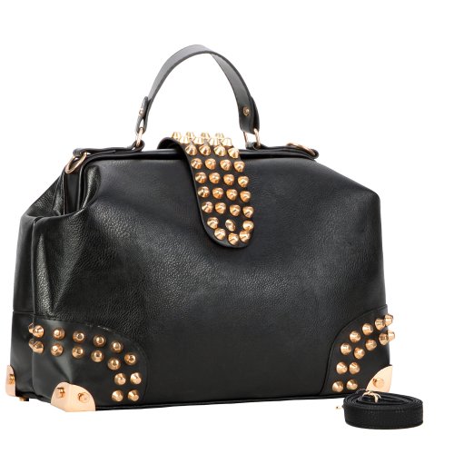 MG Collection DARKO Black Gothic Gold Studded Doctor Style Office Tote Purse
