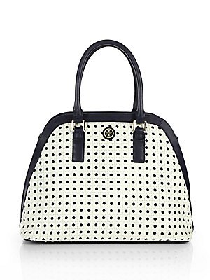 Tory Burch Robinson Basket-weave Open Dome Satchel White Navy