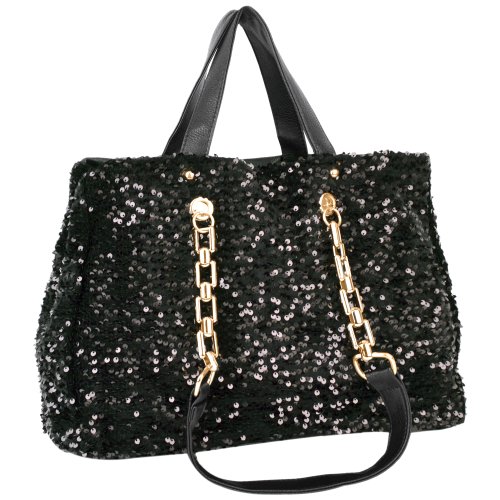 MG Collection NOELIA Dazzling Statement Black Sequin Chain Satchel Tote Handbag