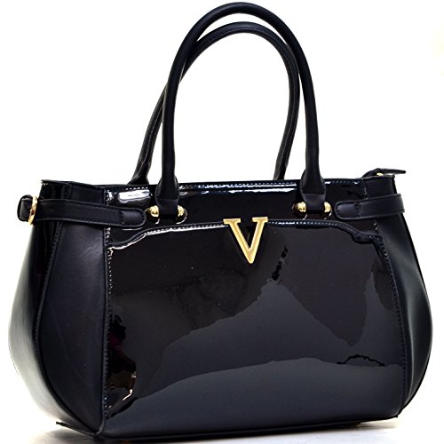 Dasein Faux Leather V Shape Accent Satchel Shoudler Handbag, Tablet, Ipad Bag
