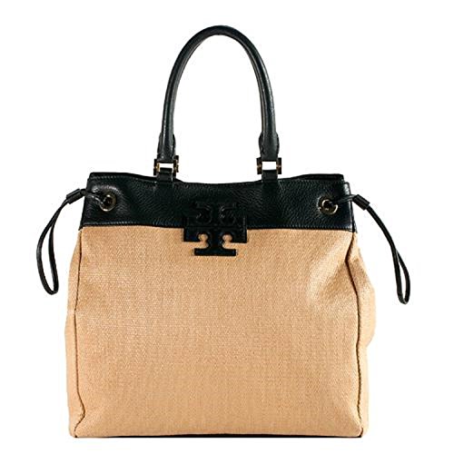 Tory Burch Straw Stacked T logo NS Tote in Natural/Black