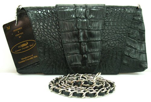 100% Genuine Crocodile Hornback to BIG Tail Leather Clutch Handbag Purse Dark Black
