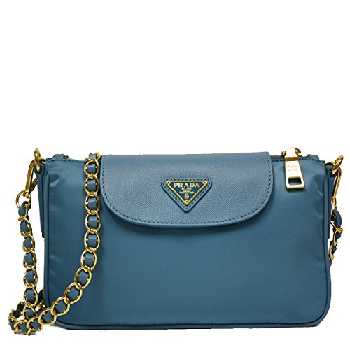 Prada Turquoise Blue Tessuto Saffiano Nylon Leather Chain Handle Crossbody Shoulder Bag BT0779