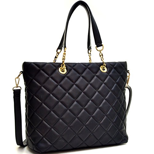 Dasein Faux Leather Quilted Tote Shoudler Bag Handbag with Chained Handles
