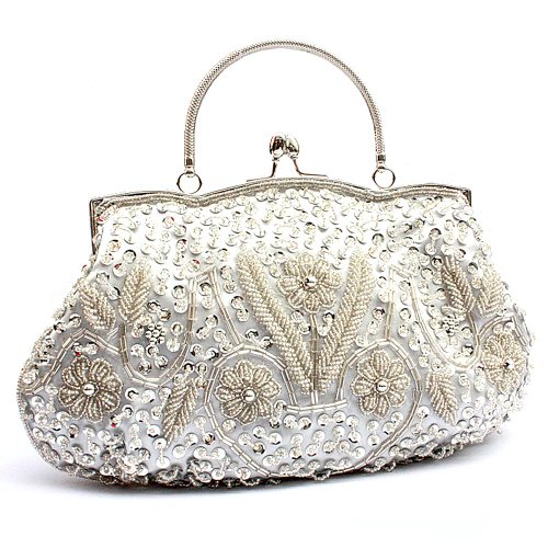 MZZ BEA133 Vintage Silver Beaded Bridal bag Evening Party Purse Wedding Clutch W Chain