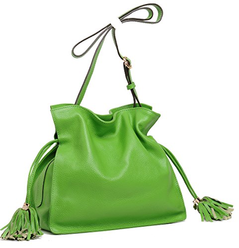 Heshe Genuine Leather Women Fashion Candy Color Tassel Buket Bag Hobo Cross Body
